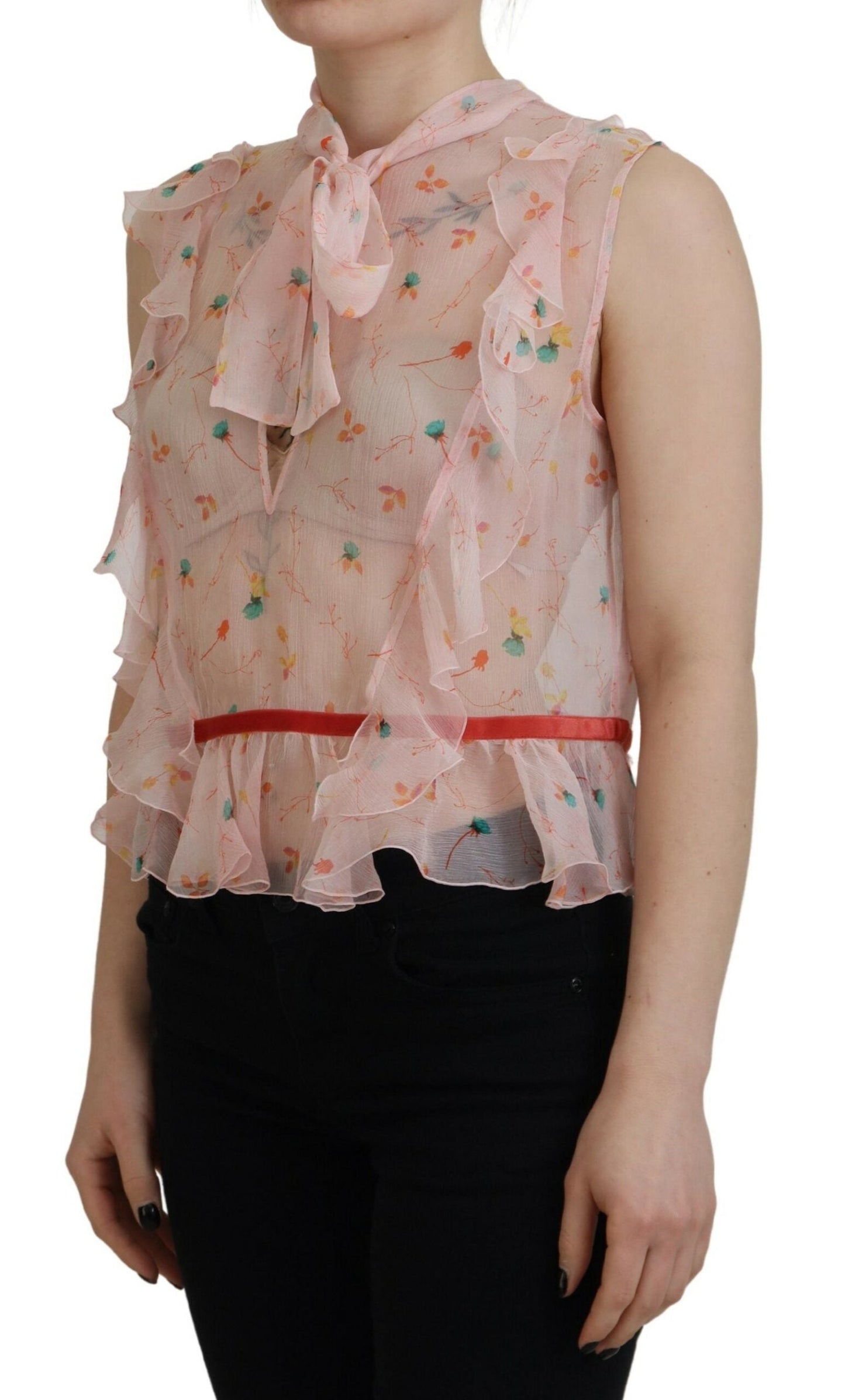 Dsquared�� Pink Floral Print Silk Sleeveless Ascot Collar Women's Top (Pre-Owned)