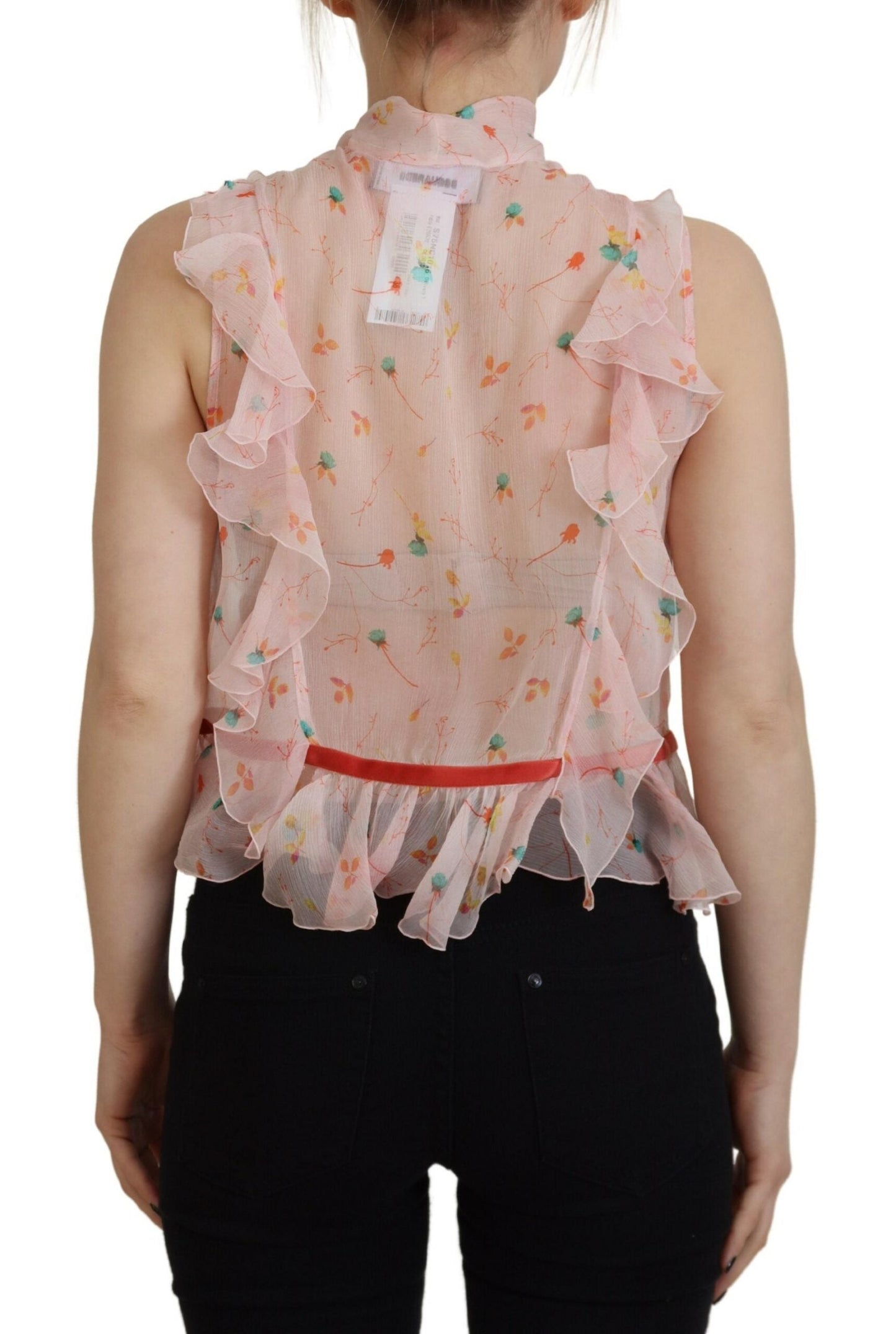 Dsquared�� Pink Floral Print Silk Sleeveless Ascot Collar Women's Top (Pre-Owned)