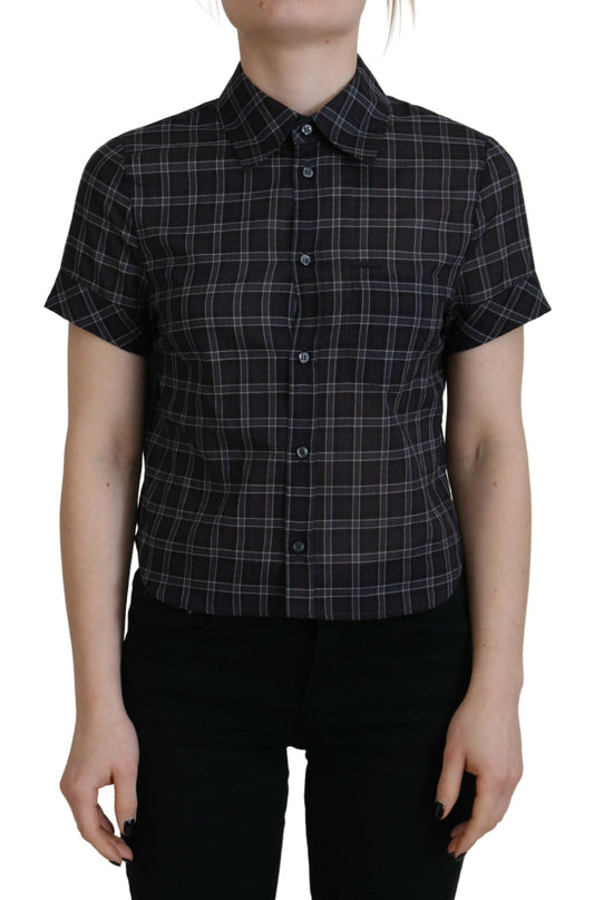 Dsquared�� Black Checkered Collared Button Short Sleeves Women's Top (Pre-Owned)