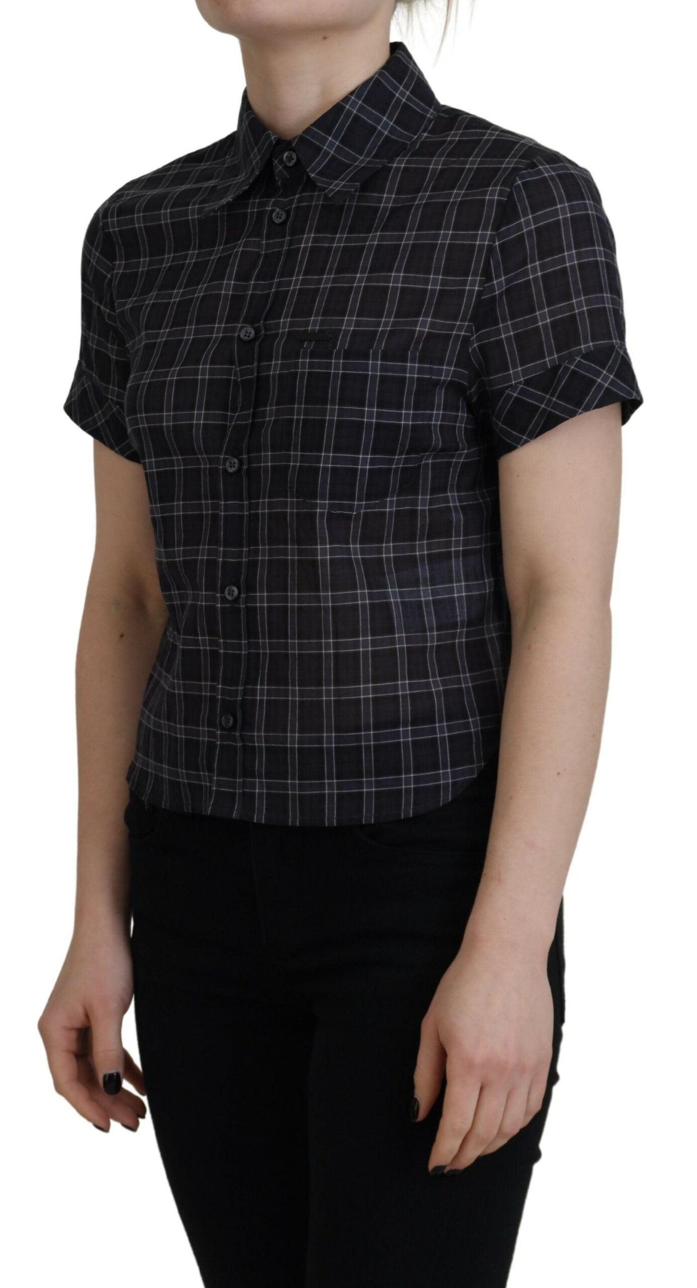 Dsquared�� Black Checkered Collared Button Short Sleeves Women's Top (Pre-Owned)