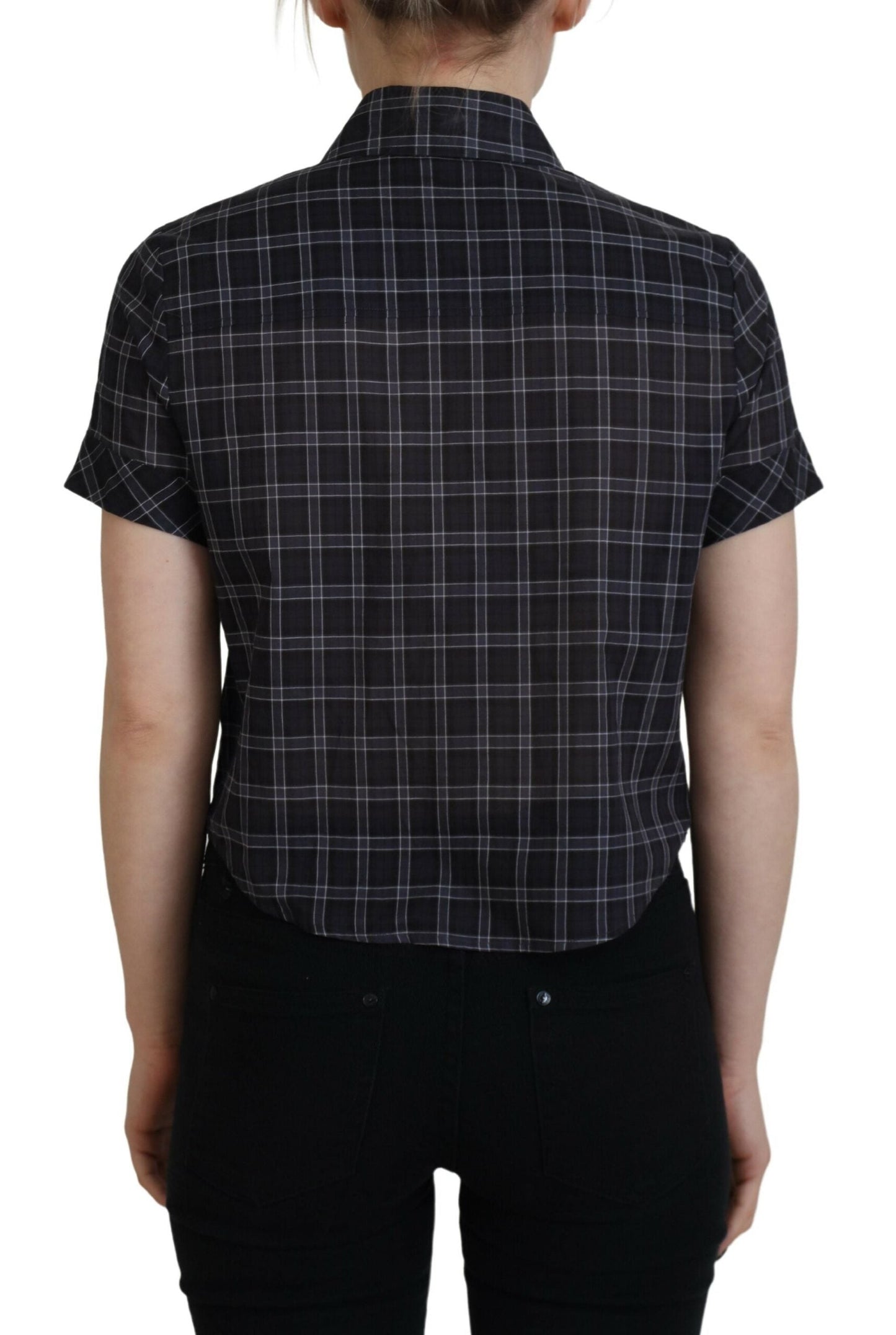 Dsquared�� Black Checkered Collared Button Short Sleeves Women's Top (Pre-Owned)