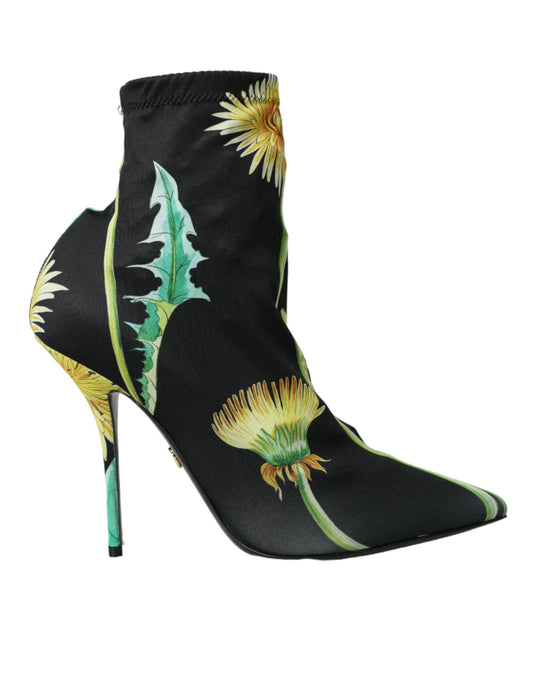 Dolce & Gabbana Black Floral Jersey Stretch Ankle Boots Women's Shoes