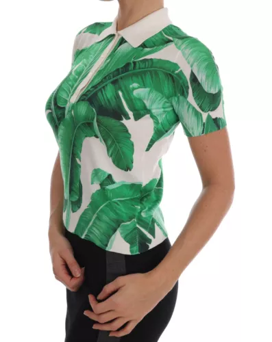 Dolce & Gabbana Green Banana Print Silk Polo Women's T-shirt