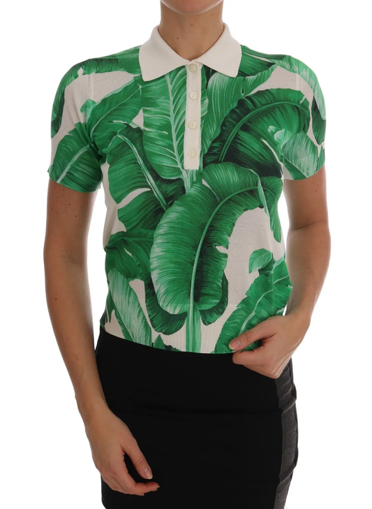 Dolce & Gabbana Green Banana Print Silk Polo Women's T-shirt