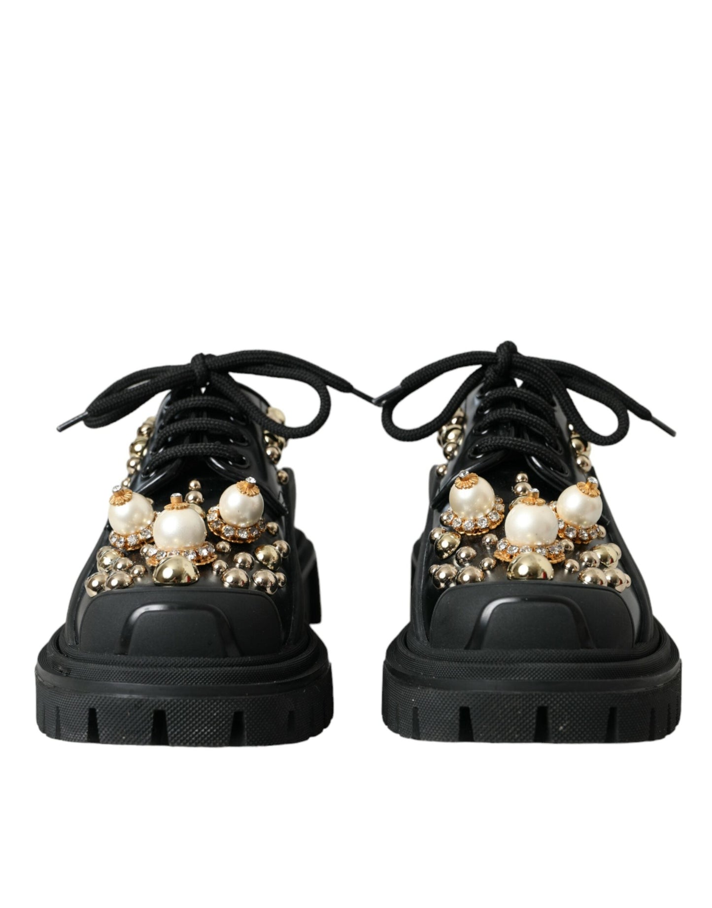 Dolce & Gabbana Black Leather Trekking Derby Embellished Women's Shoes