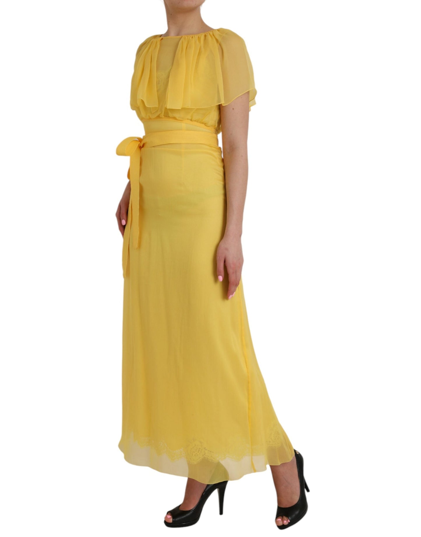 Dolce & Gabbana Yellow Silk Sheath Belted Long Maxi Women's Dress