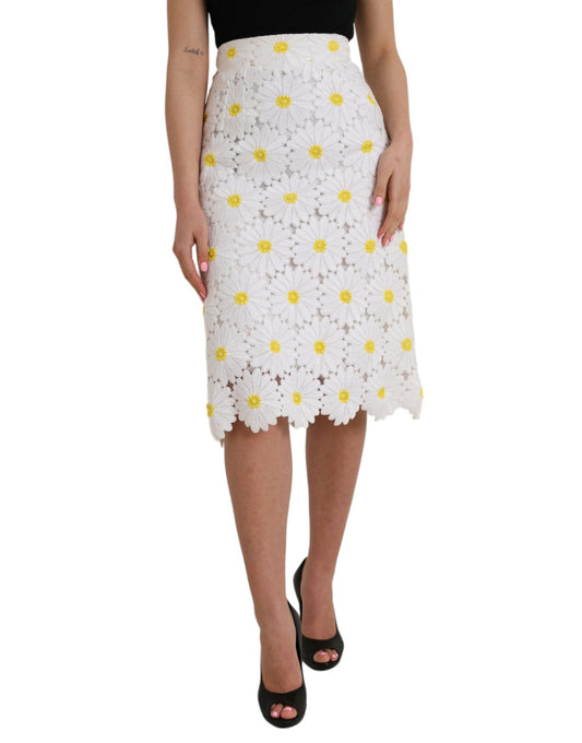 Dolce & Gabbana White Floral Pencil Straight Lace Women's Skirt