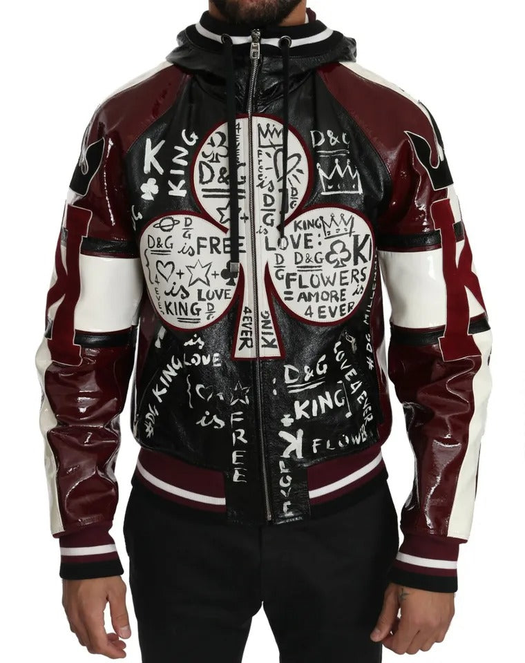 Dolce & Gabbana Black Bordeaux Hooded Leather DG King of Love Men's Jacket (Pre-Owned)