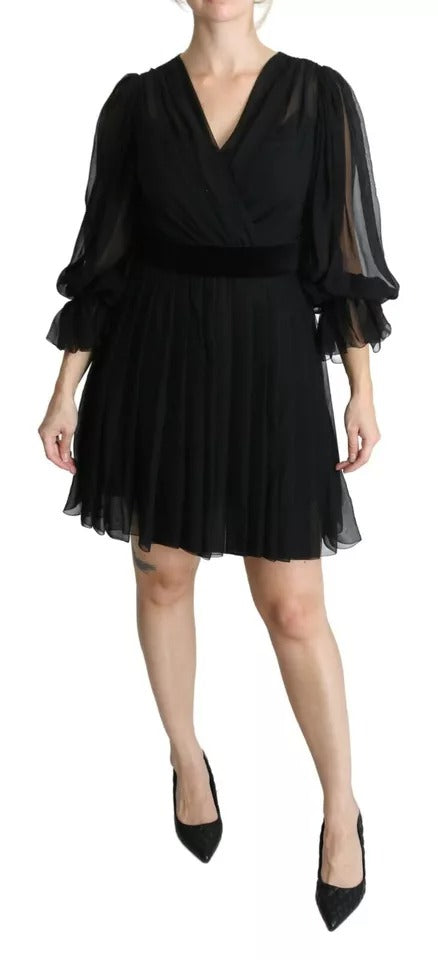 Dolce & Gabbana Black Mesh Pleated Mini Silk Blend Women's Dress (Pre-Owned)