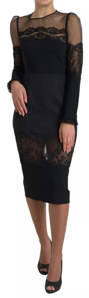 Dolce & Gabbana Black Sheer Floral Lace Sheath Midi Women's Dress (Pre-Owned)