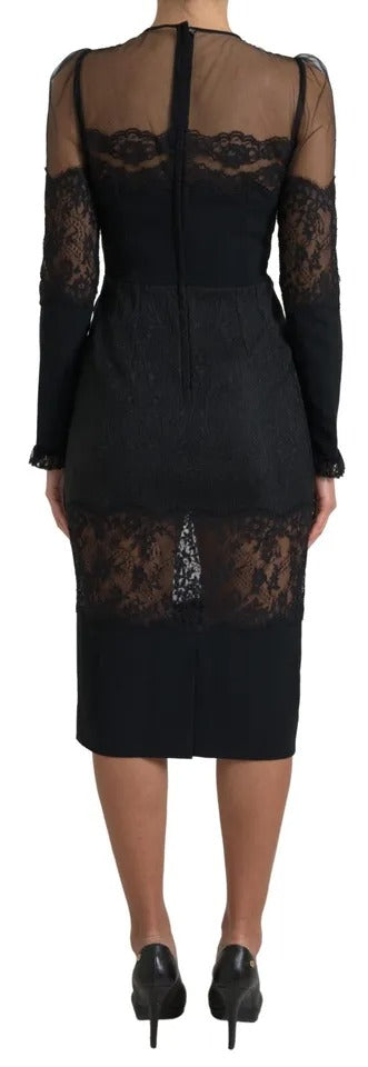 Dolce & Gabbana Black Sheer Floral Lace Sheath Midi Women's Dress (Pre-Owned)