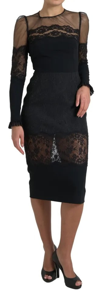 Dolce & Gabbana Black Sheer Floral Lace Sheath Midi Women's Dress (Pre-Owned)