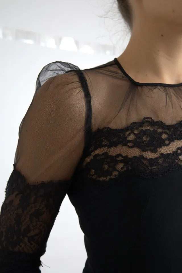 Dolce & Gabbana Black Sheer Floral Lace Sheath Midi Women's Dress (Pre-Owned)