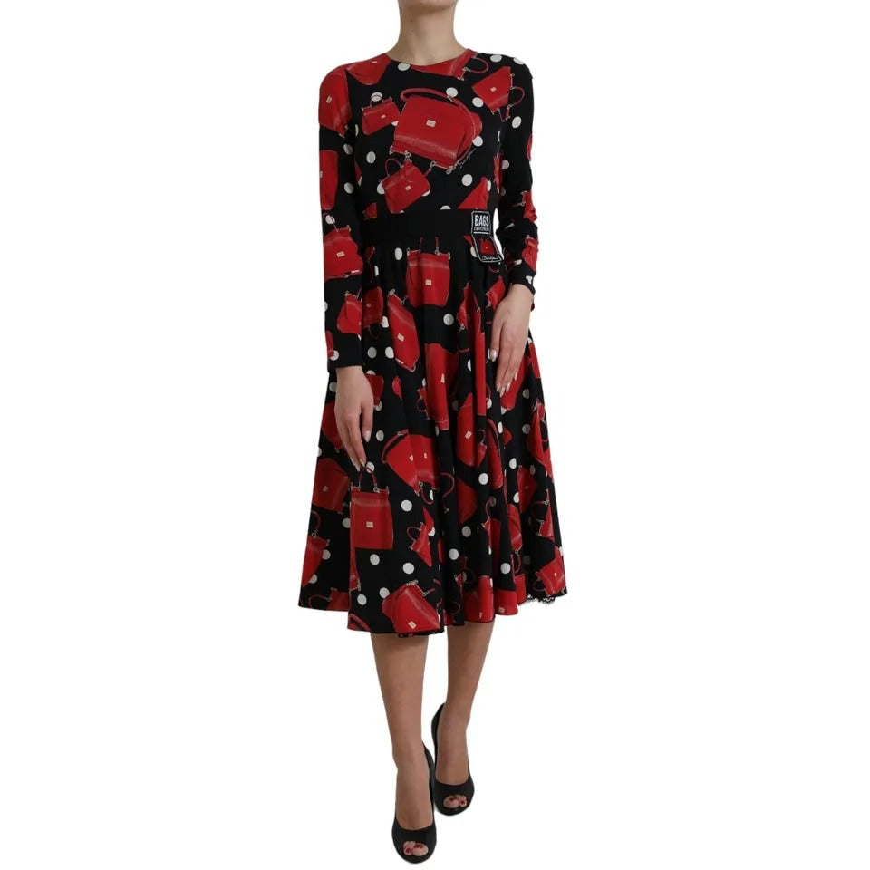 Dolce & Gabbana Black Sicily Bag Print Flared Midi Women's Dress (Pre-Owned)
