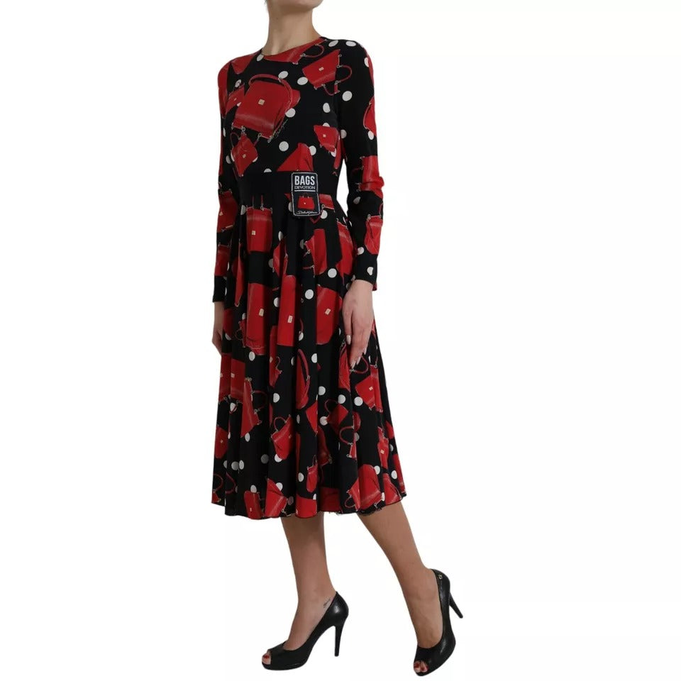 Dolce & Gabbana Black Sicily Bag Print Flared Midi Women's Dress (Pre-Owned)