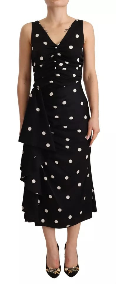 Dolce & Gabbana Black Silk Polka Dots V-neck Sheath Midi Women's Dress (Pre-Owned)