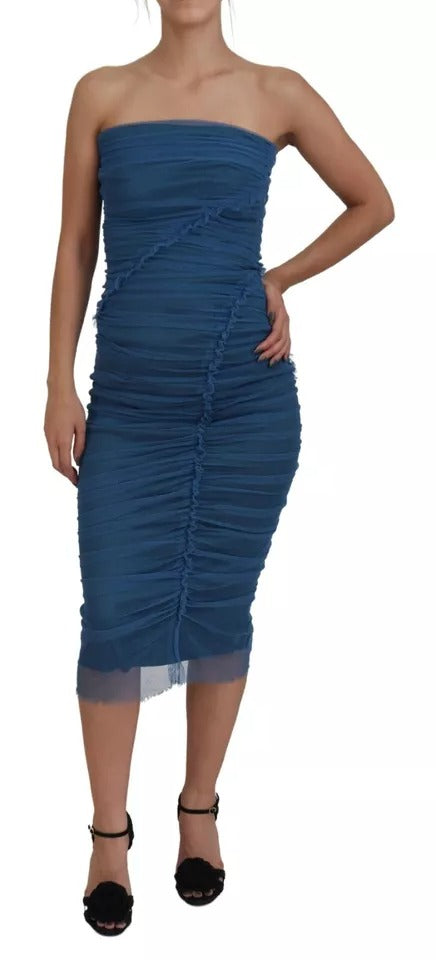 Dolce & Gabbana Blue Mesh Trim Ruched Tulle Sheath Women's Dress (Pre-Owned)