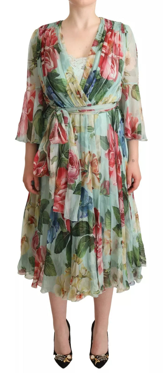 Dolce & Gabbana Green Floral Long Sleeve V-neck Midi Women's Dress (Pre-Owned)