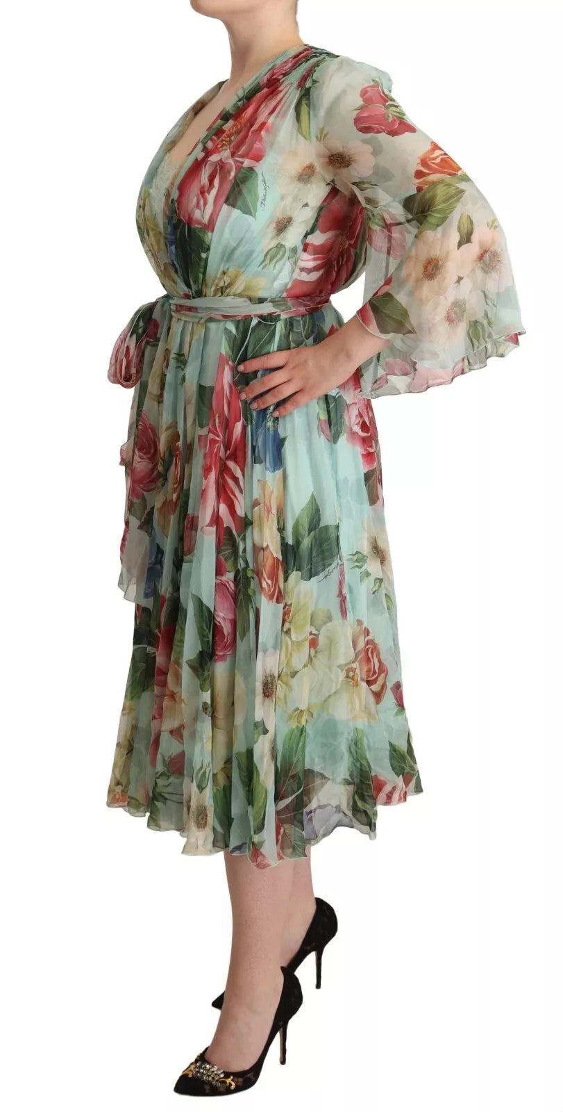 Dolce & Gabbana Green Floral Long Sleeve V-neck Midi Women's Dress (Pre-Owned)