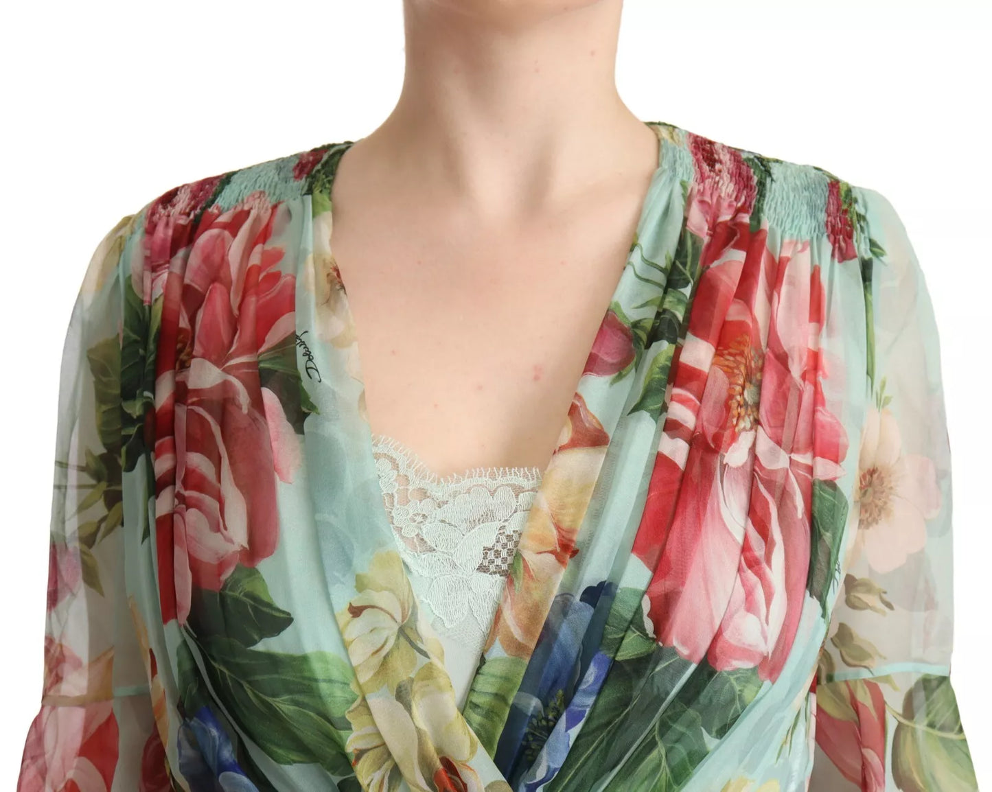 Dolce & Gabbana Green Floral Long Sleeve V-neck Midi Women's Dress (Pre-Owned)