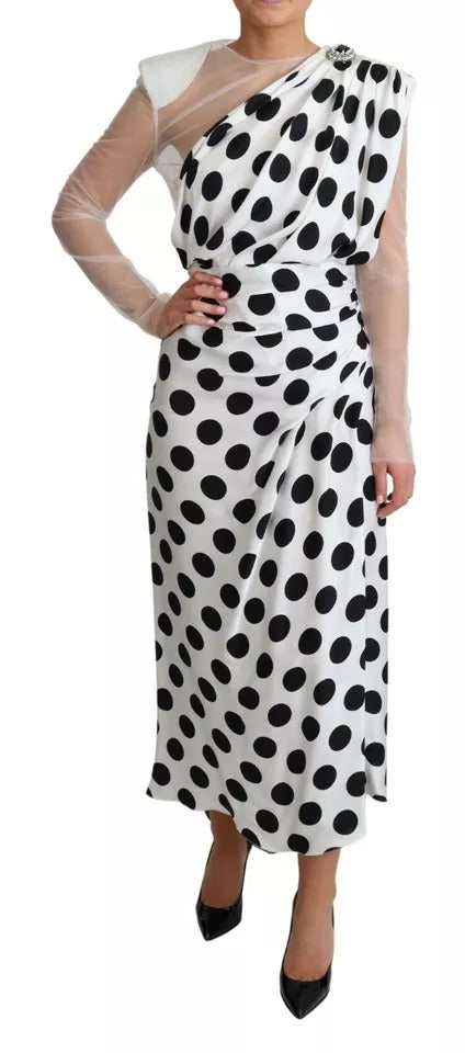 Dolce & Gabbana White Polka Dots Crystal One Shoulder Women's Dress (Pre-Owned)