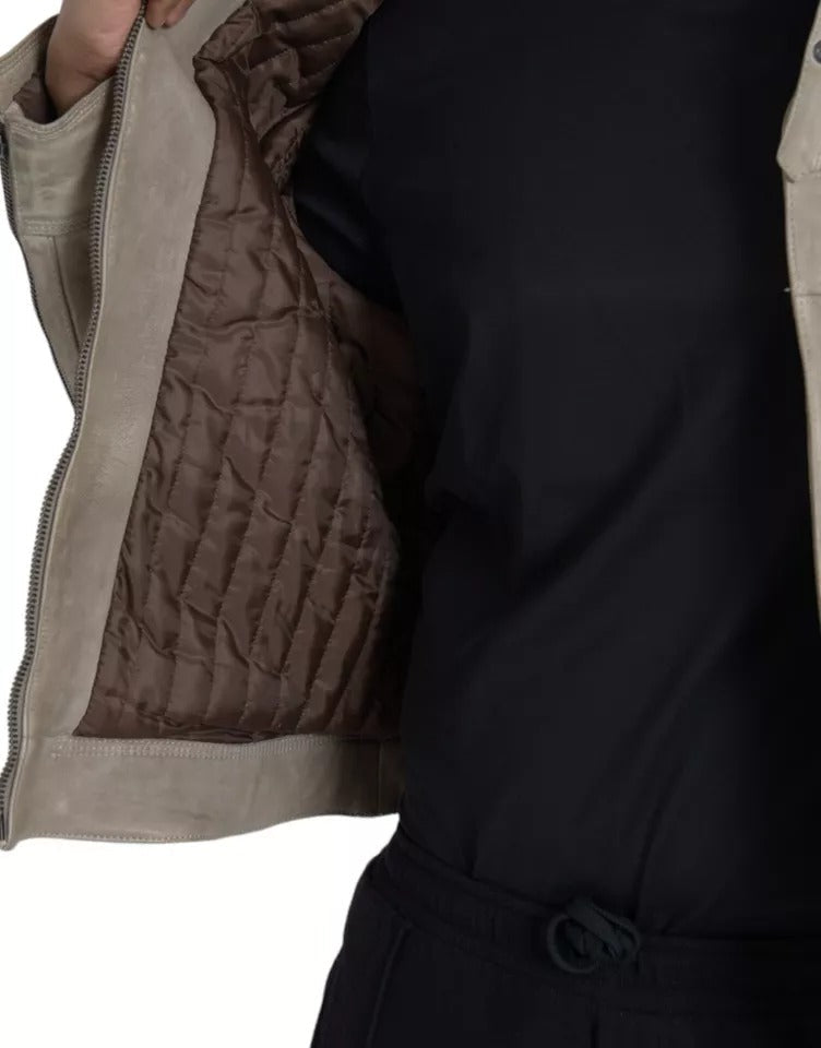 Dolce & Gabbana Beige Leather Full Zip Biker Coat Men's Jacket (Pre-Owned)