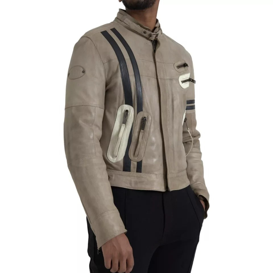Dolce & Gabbana Beige Leather Full Zip Biker Coat Men's Jacket (Pre-Owned)