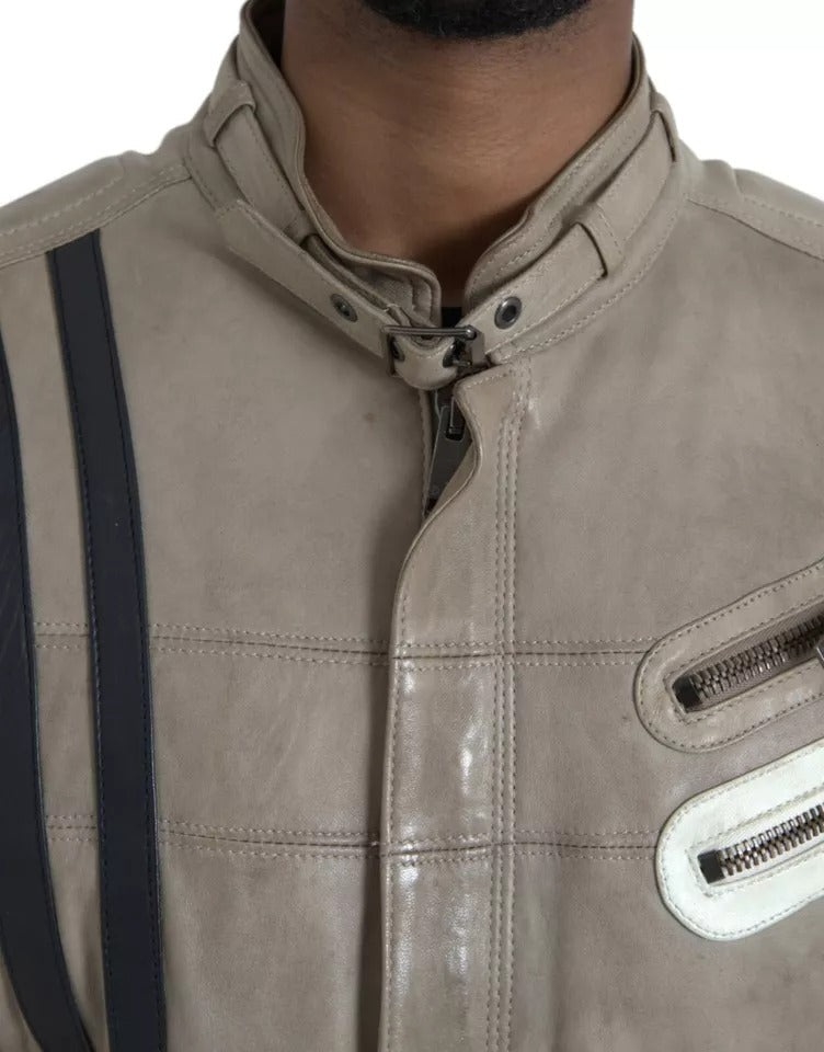 Dolce & Gabbana Beige Leather Full Zip Biker Coat Men's Jacket (Pre-Owned)