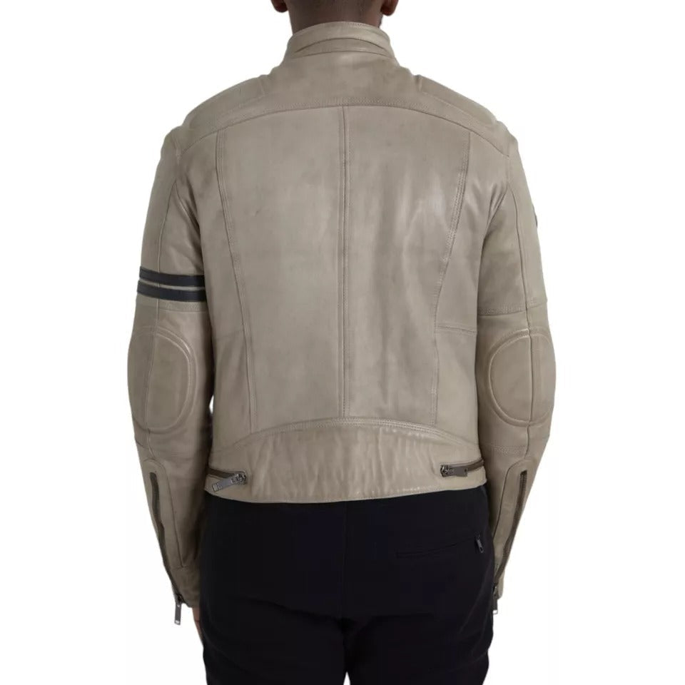 Dolce & Gabbana Beige Leather Full Zip Biker Coat Men's Jacket (Pre-Owned)