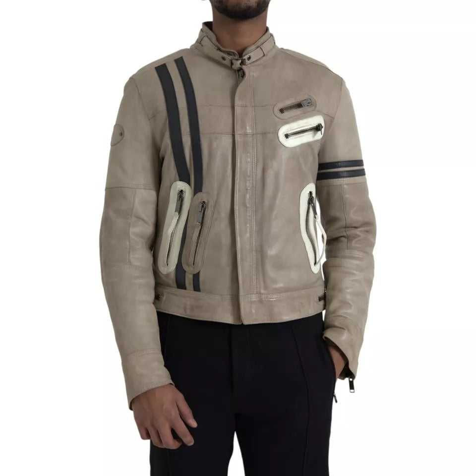 Dolce & Gabbana Beige Leather Full Zip Biker Coat Men's Jacket (Pre-Owned)