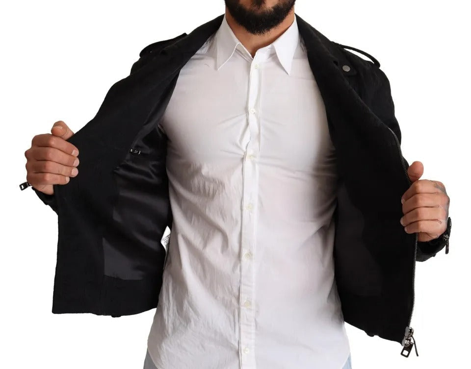 Dolce & Gabbana Black Brocade Full Zip Biker Coat Men's Jacket (Pre-Owned)
