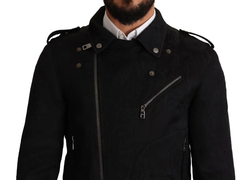 Dolce & Gabbana Black Brocade Full Zip Biker Coat Men's Jacket (Pre-Owned)