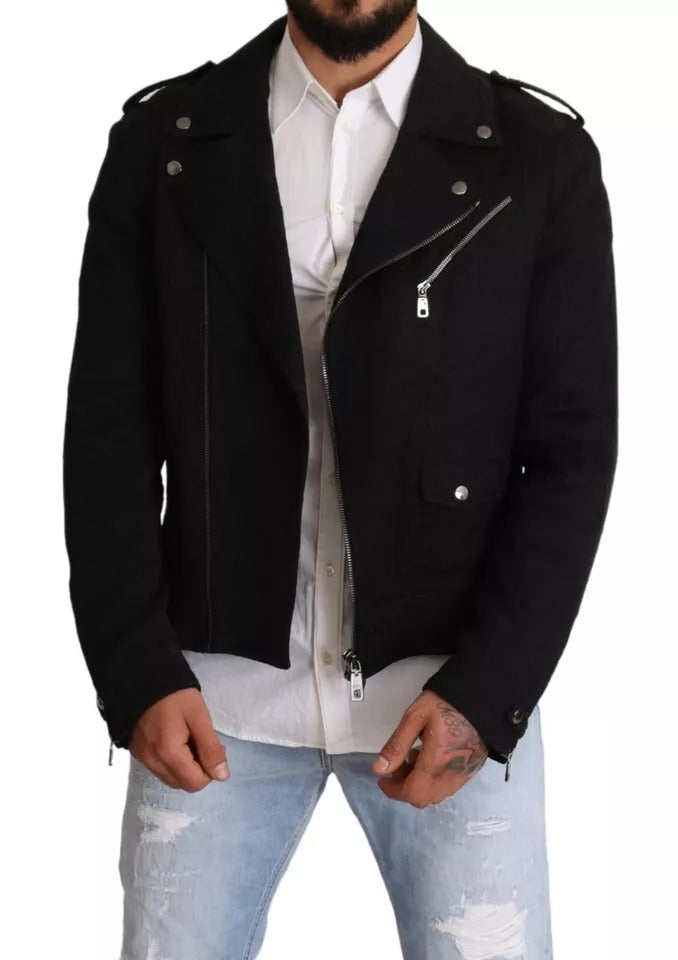 Dolce & Gabbana Black Brocade Full Zip Biker Coat Men's Jacket (Pre-Owned)