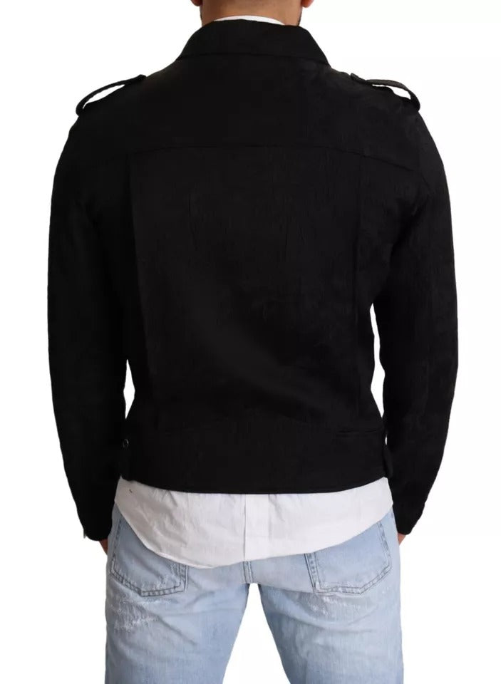 Dolce & Gabbana Black Brocade Full Zip Biker Coat Men's Jacket (Pre-Owned)