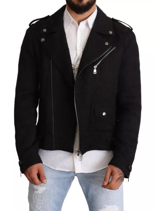 Dolce & Gabbana Black Brocade Full Zip Biker Coat Men's Jacket (Pre-Owned)