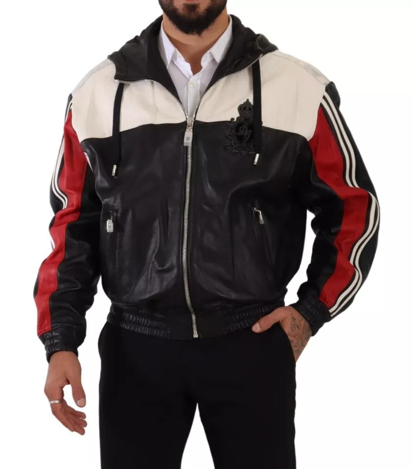 Dolce & Gabbana Black Leather Hooded Blouson Men's Jacket (Pre-Owned)