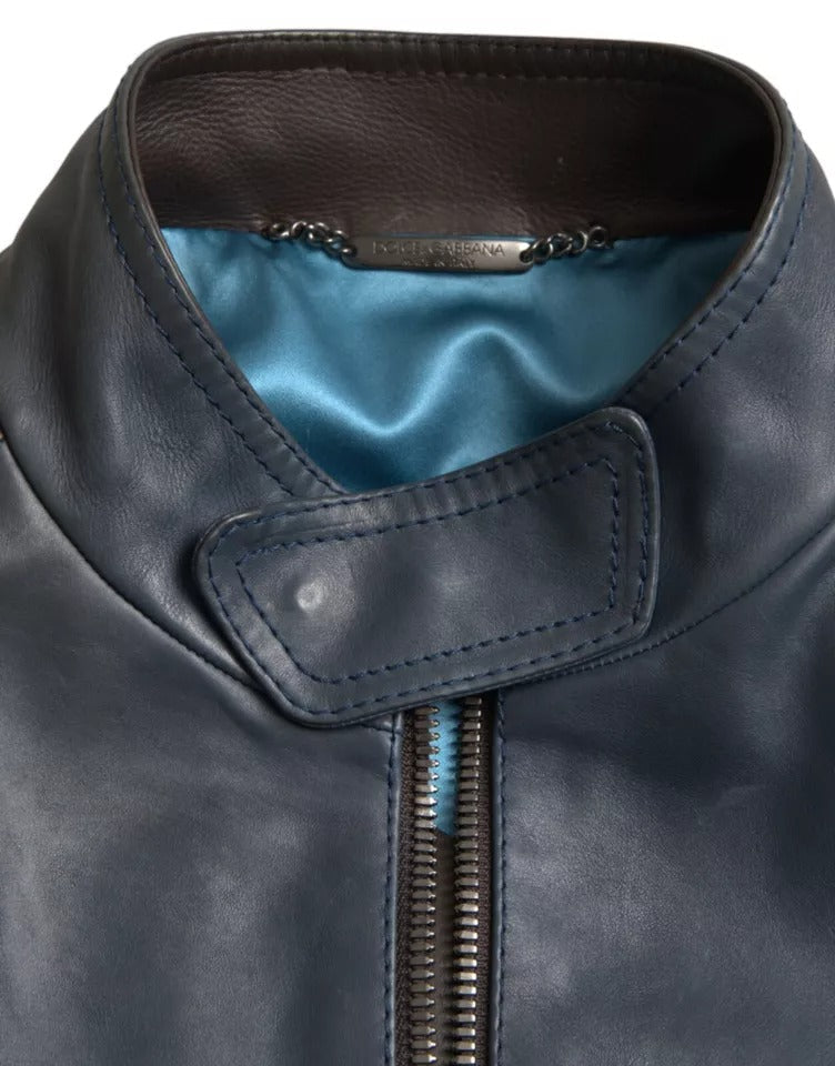 Dolce & Gabbana Blue Leather Full Zip Biker Blouson Men's Jacket (Pre-Owned)
