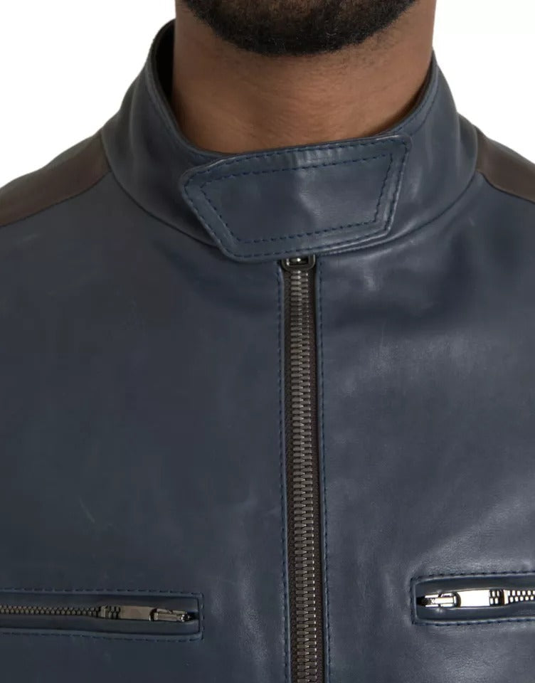 Dolce & Gabbana Blue Leather Full Zip Biker Blouson Men's Jacket (Pre-Owned)
