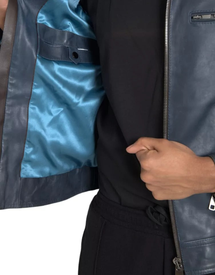 Dolce & Gabbana Blue Leather Full Zip Biker Blouson Men's Jacket (Pre-Owned)