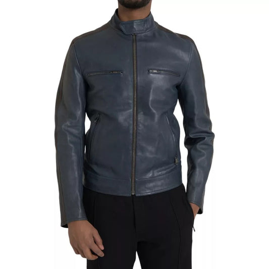 Dolce & Gabbana Blue Leather Full Zip Biker Blouson Men's Jacket (Pre-Owned)