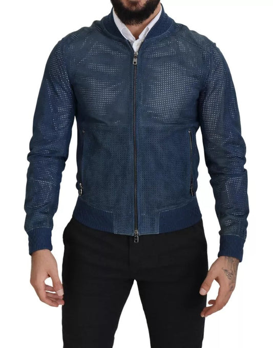 Dolce & Gabbana Blue Leather Perforated Full Zip Men's Jacket (Pre-Owned)