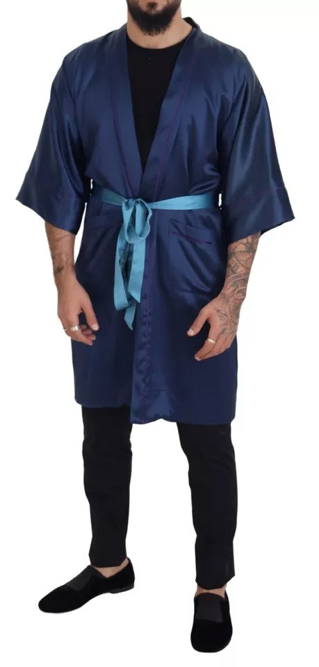 Dolce & Gabbana Blue Satin Silk Waist Belt Robe Men's Jacket (Pre-Owned)