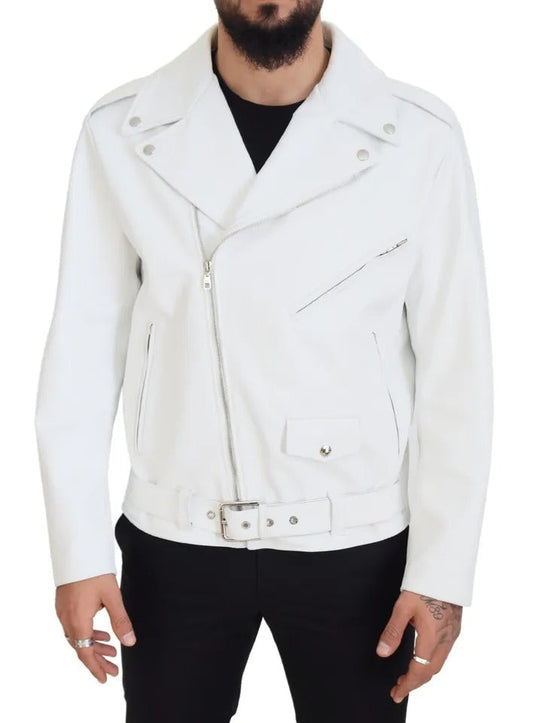 Dolce & Gabbana White Leather Biker Coat Zipper Men's Jacket (Pre-Owned)