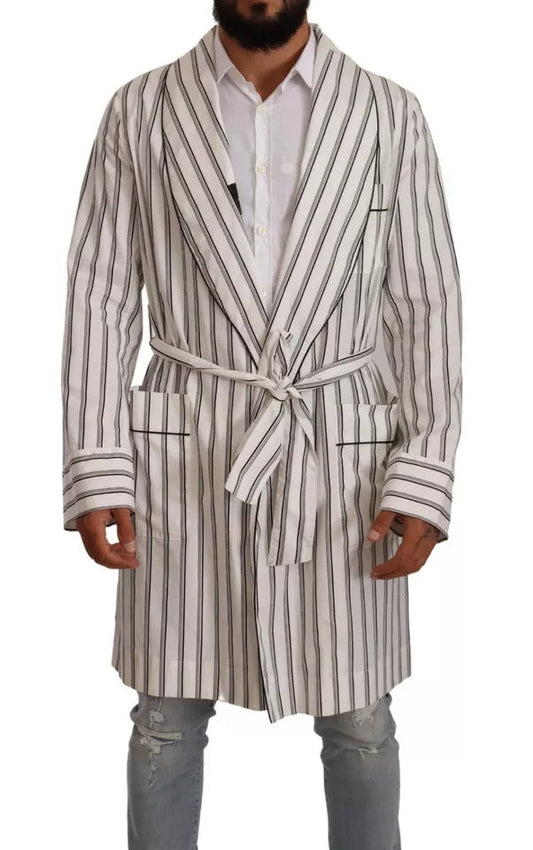 Dolce & Gabbana White Striped Cotton Robe Coat Wrap Men's Jacket (Pre-Owned)