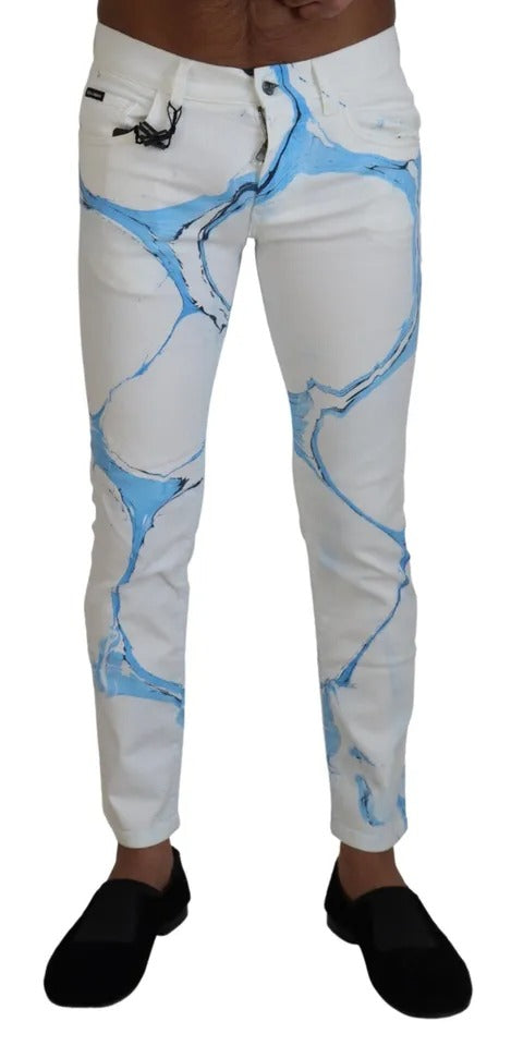 Dolce & Gabbana White Blue Cotton Skinny Denim Men's Jeans (Pre-Owned)