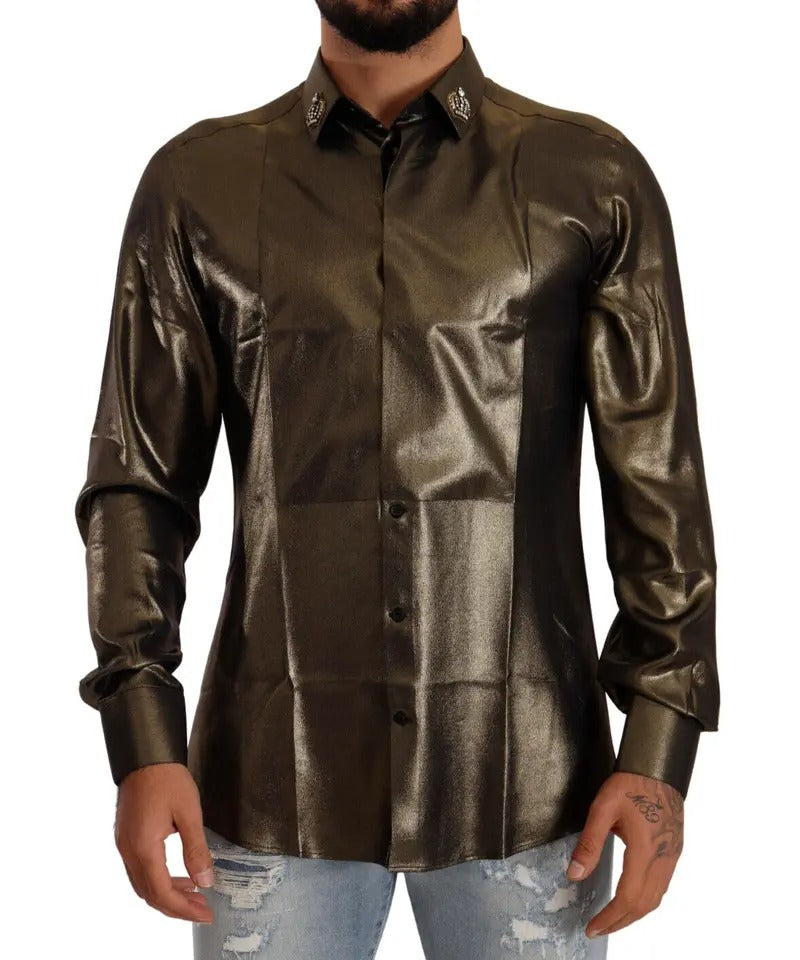 Dolce & Gabbana Metallic Gold DG Embroidered Crown Silk Top Men's Shirt (Pre-Owned)