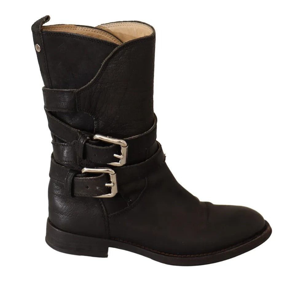 Dolce & Gabbana Black Leather Buckle Mid Calf Boots Women's Shoes (Pre-Owned)