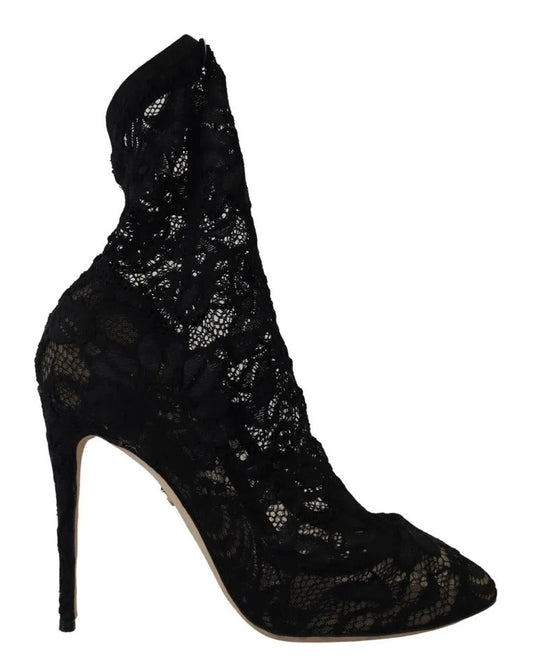 Dolce & Gabbana Black Stretch Socks Taormina Lace Boots Women's Shoes (Pre-Owned)