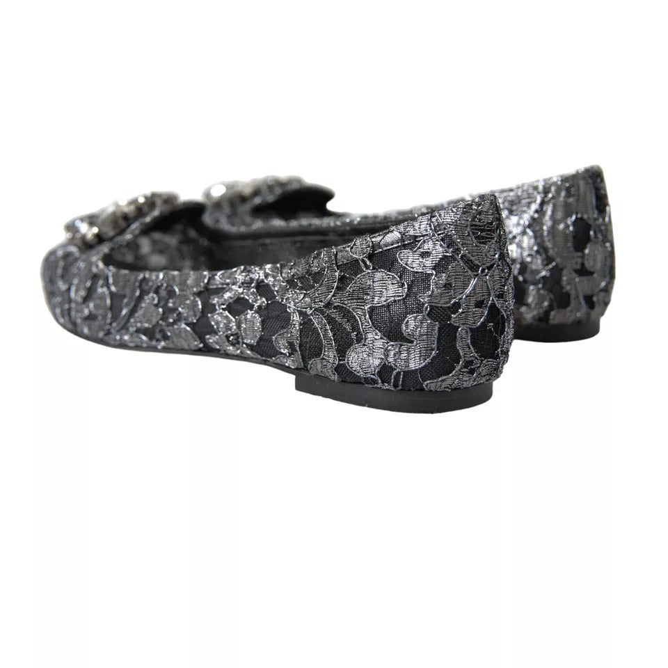 Dolce & Gabbana Gray Black Lace Crystal Ballet Loafers Women's Shoes (Pre-Owned)