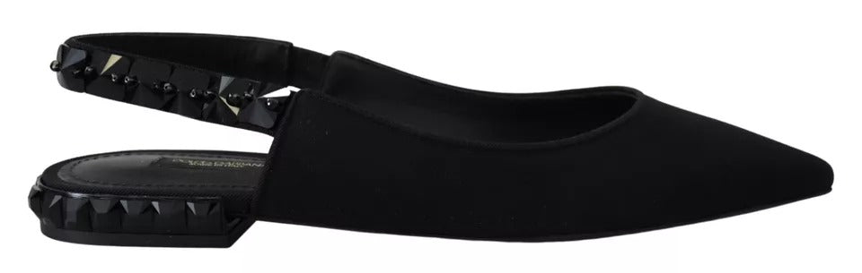 Dolce & Gabbana Black Flats Crystal Slingback Charmeuse Women's Shoes (Pre-Owned)